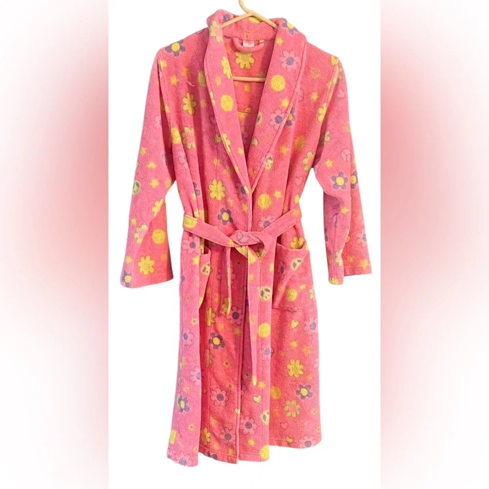 Girl's Ivy & Moon Vibrant Pink Peace Sign and Floral Print Sleepwear Robe